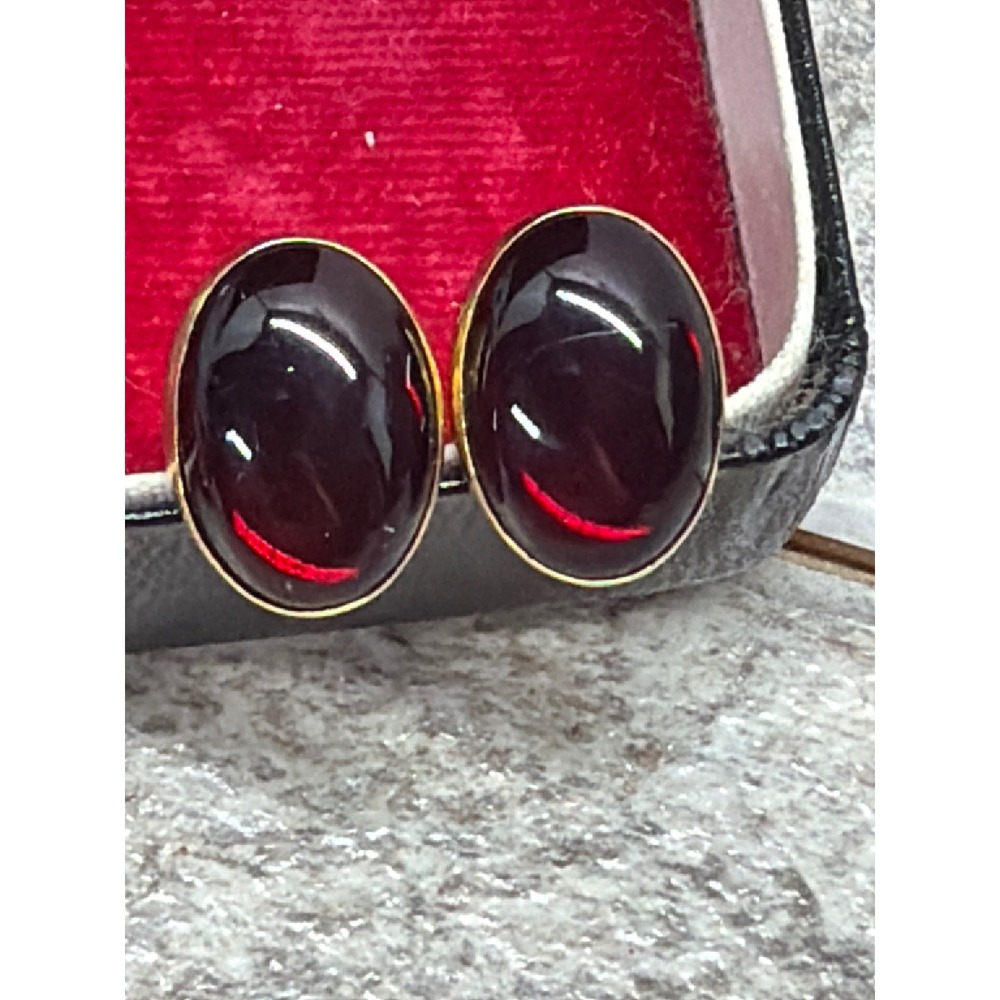 Swank Vintage Mens Cufflinks Gold Tone Oval Red Cabochon Glass Toggle Back Retro